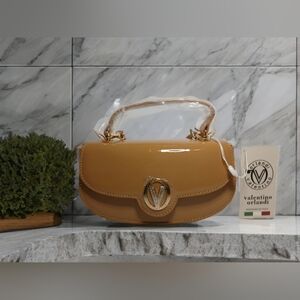 Valentino Orlandi Top Handle Patent Leather Shoulder Bag Taupe